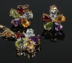A 9ct gold multi-gem demi parure jewellery suite formed as flowers. Total weight 4.2g.