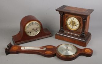 Two mantel clocks along with a Comitti of London barometer .Includes Fattorini 'Bugler' alarm clock,