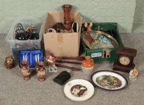 Three boxes of miscellaneous. Includes tiffany style light shades, Woodpecker jug, figures, carved