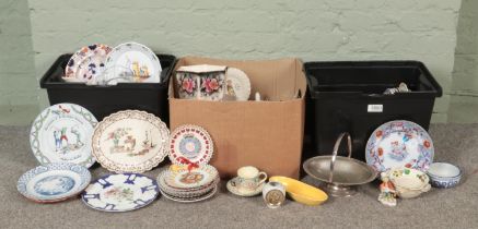 Three boxes of assorted miscellaneous, to include various ceramics, swing handle basket, Masons