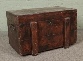 A large wooden ammo box with leather handles. Hx43cm Wx72cm Dx43cm