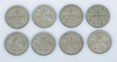 Eight German 1 Kreuzer silver coins issued in the State of Bavaria. Features crowned arms of Bavaria