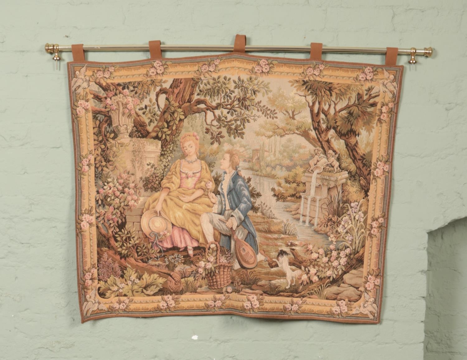 A 1980s wall tapestry titled Jardin D'amour by Marc Waymel for The Franklin Mint.
