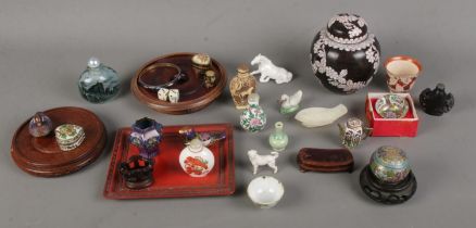 A box of oriental collectables to include cloisonne, miniatures, bangle, trinket boxes, etc.