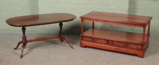 Two coffee tables, to include mahogany quarter veneered and two tier example with lower drawers.