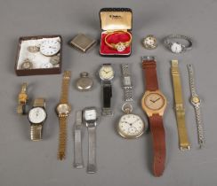 A collection of assorted wristwatches and pocket watches to include Sekonda, Timex, Swiss, etc. Also