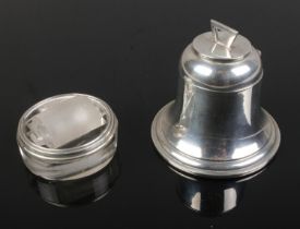 A silver bell shaped inkwell with hinged lid and interior glass liner. A & J Zimmerman Ltd (Arthur &