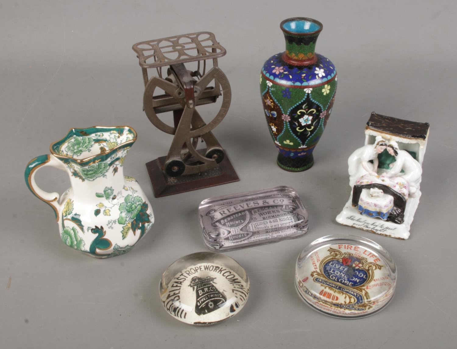 A quantity of mixed collectables including Mason's jug, cloisonnÃ© vase, glass advertising