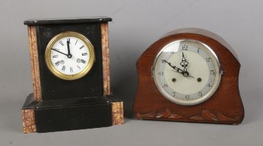 Two mantle clocks, converted to quartz, to include Perivale and black slate examples.