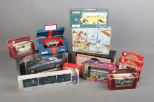 A collection of diecast vehicles mostly boxed with Dinky, Corgi, Lledo and Matchbox examples
