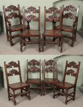 A set of eight oak chairs. Having carved backs, jointed construction and bobbin turned stretchers.