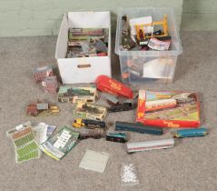 Two boxes of assorted model railway accessories, locomotives, scenery, etc. To include Tri-Ang boxed