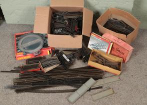 Two boxes of model railway track, mostly 00 gauge. Includes Triang turntable, Hornby Dublo, Grafar