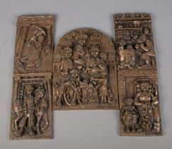 Five cold cast sculpture wall plaques by Robert Olley depicting family portrait and mining scenes.