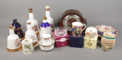 A mixed quantity of collectable including bells whisky decanters (empty) various ceramics