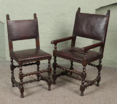 A carver style dining chair with lion finials and barley twist supports along with a smaller