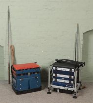 A collection of fishing equipment, consists of two two-piece rods and seat tackle boxes, including