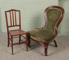 A Victorian upholstered mahogany spoon back chair along with a bergere seat chair.