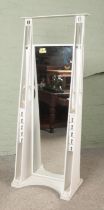 An Arts & Crafts style white painted cheval mirror. The mirror flanked by two sets of small drawers.