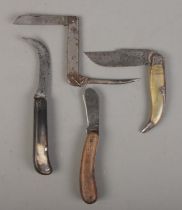 Four folding pocket knives. Includes Italy Whitby example, forged steel scout knife, etc. CANNOT