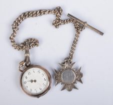 A silver albert chain featuring silver fob, hallmarked for Chester 1919, and continental fob watch