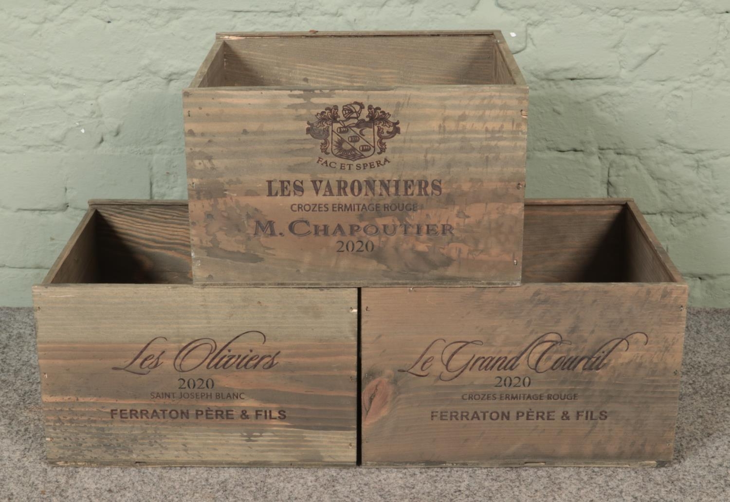 Three wooden advertising wine crates. Includes Les Oliviers Saint Joseph Blanc 2020, Les