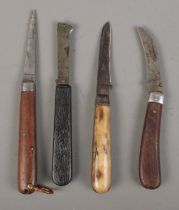 Four folding pocket knives. Includes Lockwood, Gerlach, pruning knives, etc. CANNOT POST OVERSEAS.