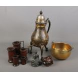 A quantity of miscellaneous. Includes metal seated buddha, samovar, wooden graduated tankards, etc.