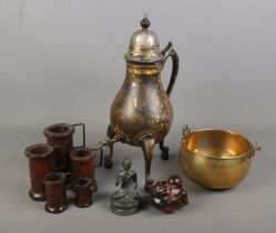 A quantity of miscellaneous. Includes metal seated buddha, samovar, wooden graduated tankards, etc.