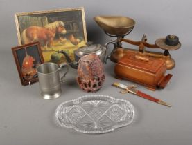 A quantity of mixed collectables including soapstone carved brush pot, cigarette dispenser, cut