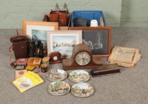 Two boxes of miscellaneous to include Ricoh XR-20, Steplux binoculars, Widex mantle clock,