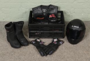 A box of motorbiking equipment. Includes LS2 helmet, Diamond Plate leather waist coat, etc.
