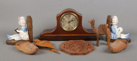 A quantity of woodenwares, including manual wind mahogany mantle clock with banded inlay, wooden