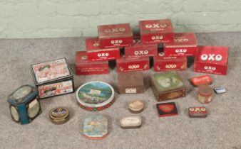 A box of vintage tins. Includes a quantity of Oxo examples, etc.