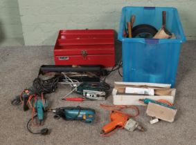 A good collection of assorted tools to include Black and Decker power tools, sand paper, mallets,