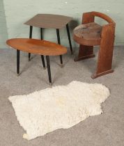 A small quantity of furniture. Includes Art Deco chair, two side tables and a sheep skin rug.