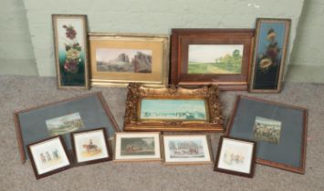 A collection of assorted pictures and prints to include florals painted on glass, military plates,