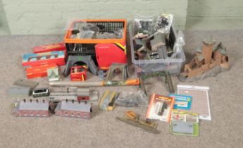 Two boxes of assorted model railway buildings, scenery and card built kits to include Hornby, Tri-