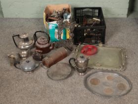 Two boxes of assorted metal wares to include silver plate tea service, companion set, enamel