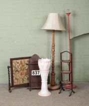 A quantity of assorted furniture to include two standard lamps, cake stand, tapestry fire screen,