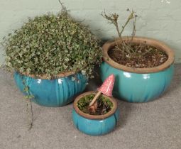 Two large blue glazed garden planters along with a similar smaller example.