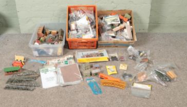 Three boxes of assorted model railway buildings and scenery to include Hornby, Springside Models,