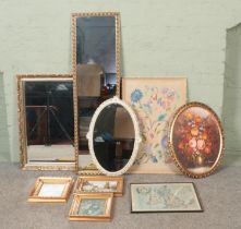 A collection of pictures and mirrors to include A. Williams, gilt framed mirrors, map of the British