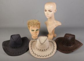 Two shop display busts along with three Stetson style hats.