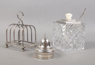Three pieces of silver, to include five bar toast rack, assayed for London, 1894 by Henry