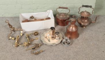 Two boxes of assorted metal wares to include copper teapot, silver plate and several brass wall