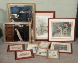 A quantity of pictures, paintings and mirrors. Includes watercolour landscape scene, two gilt framed