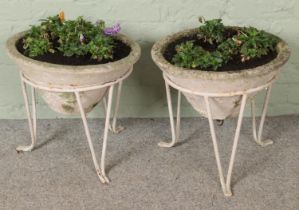 A pair of concrete planters raised on iron stand/bases. (43cm)