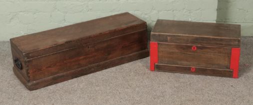 Two vintage wooden boxes to include example featuring painted metal brackets and lockable drawer.