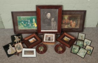 A collection of framed pictures and prints to include William Hogarth engraving, framed carved